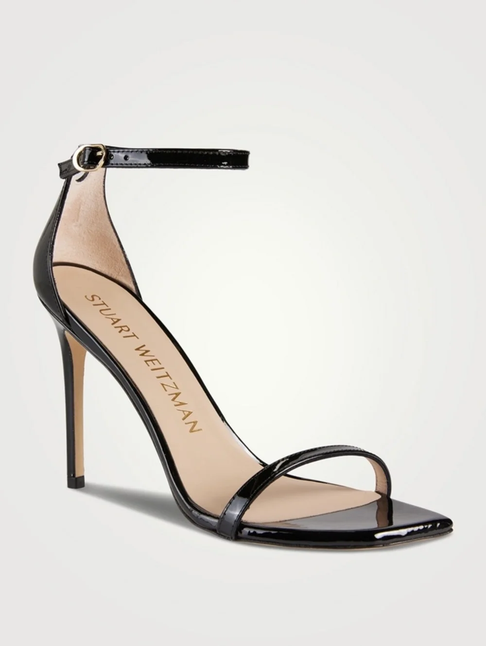 Stuart Weitzman Nudistcurve 100 Patent Leather Sandals 7B Black 4” Stiletto Heel